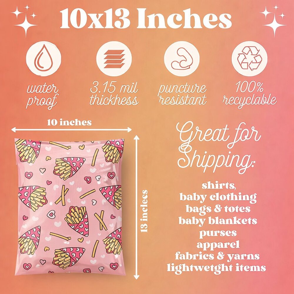 25ct Medium 10 x 13 Fries and Hearts Poly Mailers - Picture 2 of 2